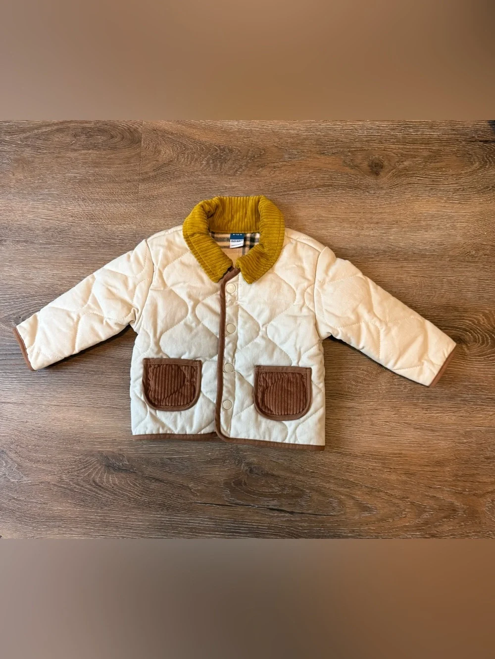 Old Navy Cream Quilted Jacket with Mustard Corduroy Collar and Brown Trim